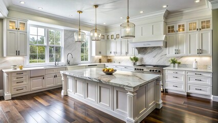 Elegant classic white kitchen with timeless marble accents high angle