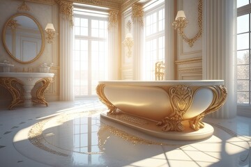 Luxury bathroom with gold and white decor. Elegant interior design featuring a large bathtub and classical architecture. Interior design of bathroom decorated with elegance furniture. Serene. AIG51.