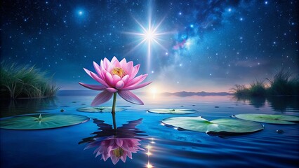 Wall Mural - A single pink water lily blooms gracefully on a serene lake, its reflection mirrored in the calm water beneath a vibrant night sky adorned with twinkling stars.