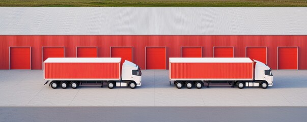 Two white trucks parked in front of red storage units.