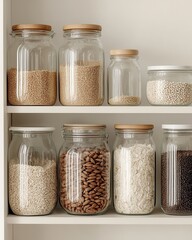 Various glass jars filled with grains and legumes on a shelf, white isolated background.