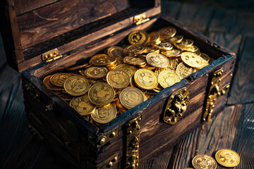 Fantastic treasure from pirate wooden chest with antique gold coins