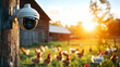 © Earny - A surveillance camera monitors a farm with chickens during sunrise, presenting a blend of technology and nature.
