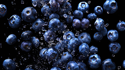 Close-up of blueberries dancing with water droplets in the air on a black background. The concept of freshness and vitality when blueberries are surrounded by cool, clear water