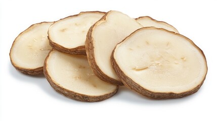 Wall Mural - Close-up of potato slices isolated on a white background.