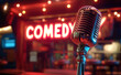 © Creative Art7 - The retro microphone is placed on the stage of a comedy club with a glowing neon sign 'COMEDY' in the background