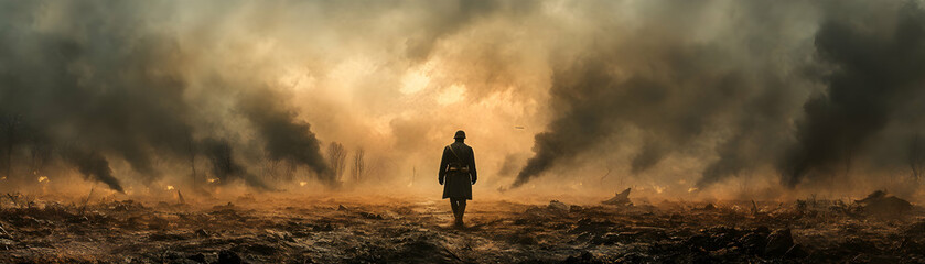 A Soldier Walks Through a Battlefield Filled With Smoke and Fire