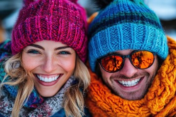 a cheerful couple in vibrant woolen hats and scarves, reveling in the joy of winter amidst a snowy l