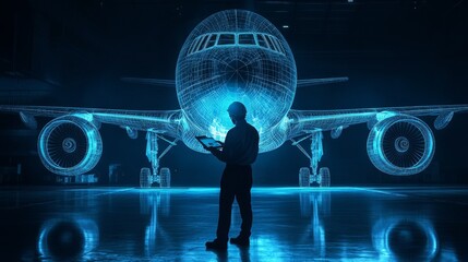 Canvas Print - A technician stands in front of a holographic projection of an airplane, showcasing digital technology in aviation and aircraft design.