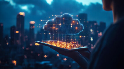 Poster - A person holding a tablet displaying a digital cloud over a city skyline during twilight with urban lights glowing in the background