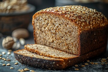 Wall Mural - Sliced Loaf of Oat and Seed Bread on a Black Surface