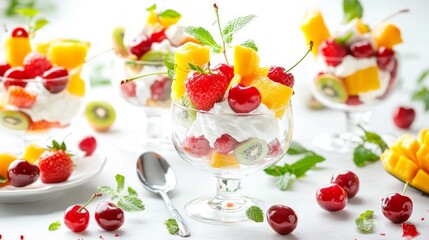 Wall Mural - Four glass bowls filled with fresh fruit salad and whipped cream, garnished with mint leaves, on a white background.