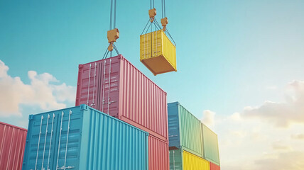 Colorful cargo containers are being lifted by crane hook against bright sky, showcasing vibrant industrial scene. image captures dynamic nature of shipping and logistics