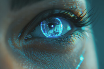 Futuristic female cyborg with blue lights on her eyes scanning the retina. Check the information.