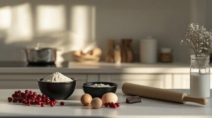 Wall Mural - Ingredients for baking on a white countertop with a blurred background of a kitchen.