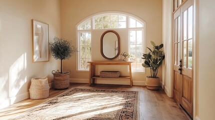 Wall Mural - A beautifully decorated entryway, featuring a console table, a mirror