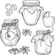 © ennona - Set of jars with homemade fruit jam, honey or marmalade. Natural preservation berry dessert. Vector illustration in hand drawn sketch doodle style. Line art isolated on white for coloring book, print