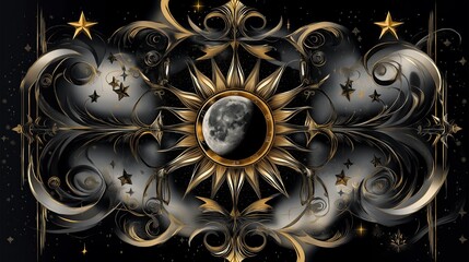 Poster - A celestial design featuring the sun and moon, surrounded by swirling stars and cosmic clouds, with mystical golden and silver hues