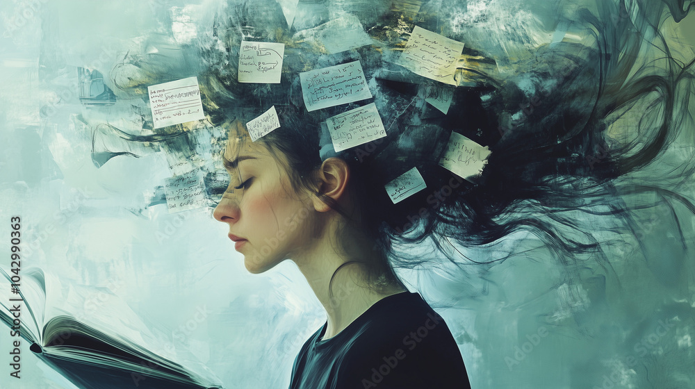 A woman feels overwhelmed, she is surrounded by lists and is anxious ...