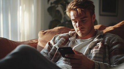 Handsome White man at home texting on phone relax at the sofa 