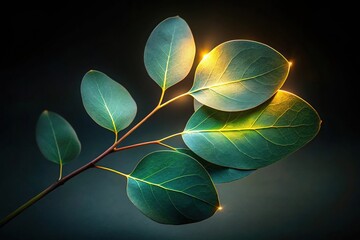 Eucalyptus leaf with glowing effect on black background for night lover wallpaper extreme close-up