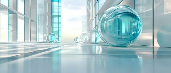Poster - A room with a blue ball and other balls in the background. The room is very clean and the blue ball is the main focus