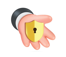 Left hand of businessman holding gold shield with keyhole in middle to protect against financial data theft, vector 3d illustration for finance concept design, vector minimal style for advertising