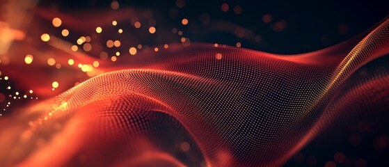 Poster - A red and gold wave with a lot of dots. The wave is very long and it looks like it is moving