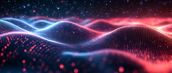 Poster - A blue and red wave with a lot of dots. The blue and red colors give the image a futuristic and otherworldly feel