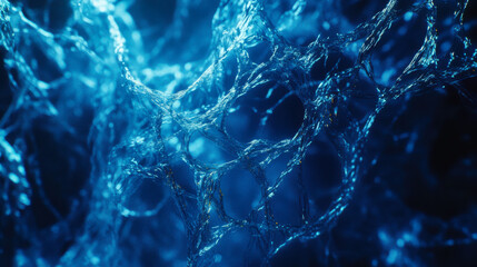 Poster - A close-up view of intricate blue microscopic structures resembling interconnected neural networks in a dynamic environment