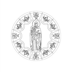 Wall Mural - Saint Elizabeth (name english) sky round dome with 4 apostles and seraphim. Coloring page in Byzantine style