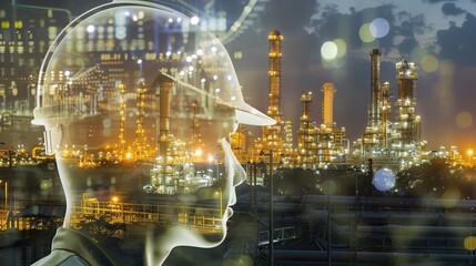 Double exposure Engineers holding safety helmet in arms and gas refinery background