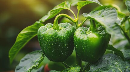 Two green bell peppers growing on a vine with water droplets.