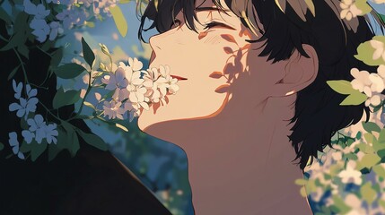 handsome anime young man face putting flower in his mouth, flower garden background