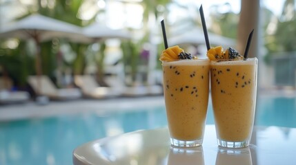 Poster - Two refreshing mango smoothies with chia seeds and a slice of mango on a table by the pool.