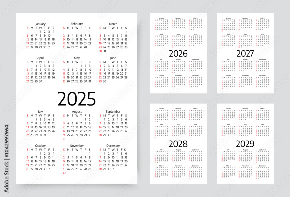 2025, 2026, 2027, 2028, 2029 years calendars. Calender templates. Week ...