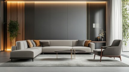 Simple modern living room with gray and beige furniture. Featuring a bright, open layout with minimal decor elements. Showcasing contemporary style and minimalism. Ideal for home decor showcases