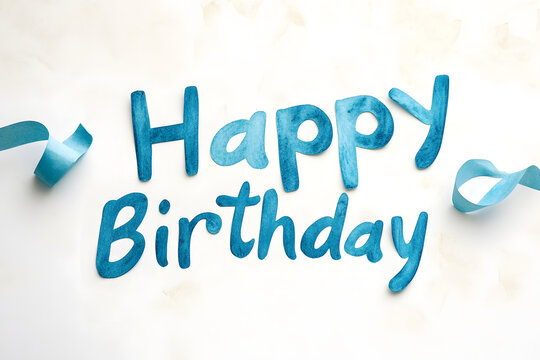 Blue banner spelling Happy Birthday on white background