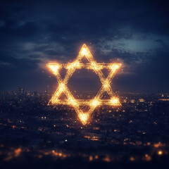 The logo of Judaism against the sky emits rays of light. Hanukkah holiday celebration concept. The Star of David as a symbol of the Jewish religion. Symbol of the religion of Judaism.