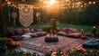 © HuynhThiThuy - A boho chic birthday setup with macramé wall hangings, colorful rugs, and dreamcatchers, set in a cozy outdoor space surrounded by greenery, soft cushions scattered around,