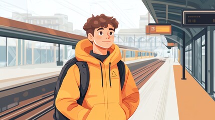 Young man in a yellow hoodie waiting at a train station platform.