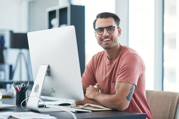 Aufkleber - Computer, office and portrait of business man for online project, web design and research. Creative agency, company and person on monitor for internet, website software and planning for career