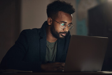 Poster - Business, man and reading laptop at night for checking stock market review, financial investment and serious. Professional, trader and glasses with problem solving for NFT trading and inflation news