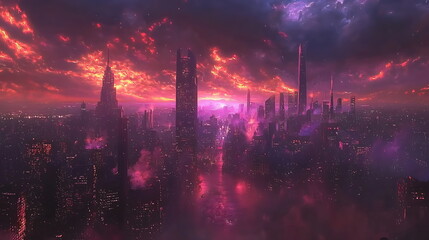 Aufkleber - A breathtaking vision of a futuristic city skyline against a vibrant sunset sky highlighting architectural marvels and dreamlike scenery
