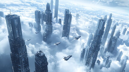 Poster - Exploring a futuristic cityscape skyscrapers soaring above the clouds with flying vehicles in a dazzling urban environment