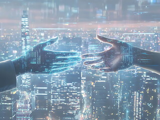 Poster - Futuristic handshake a symbol of collaboration and innovation in a digital era overlooking a vibrant cityscape