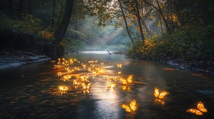 Aufkleber - A serene river embellished with glowing butterflies capturing the harmony of nature and tranquility in every ripple