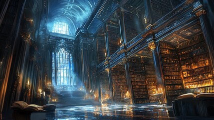 Poster - A mysterious grand library with empty bookshelves and ethereal light filtering through tall windows