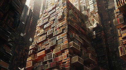 Poster - A majestic library tower constructed from books where each spine tells a story rising high into the light of knowledge