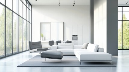 Simple modern living room with gray and white furniture. Featuring a clean, bright layout with minimal decoration. Showcasing contemporary style and serenity. Ideal for home decor marketing